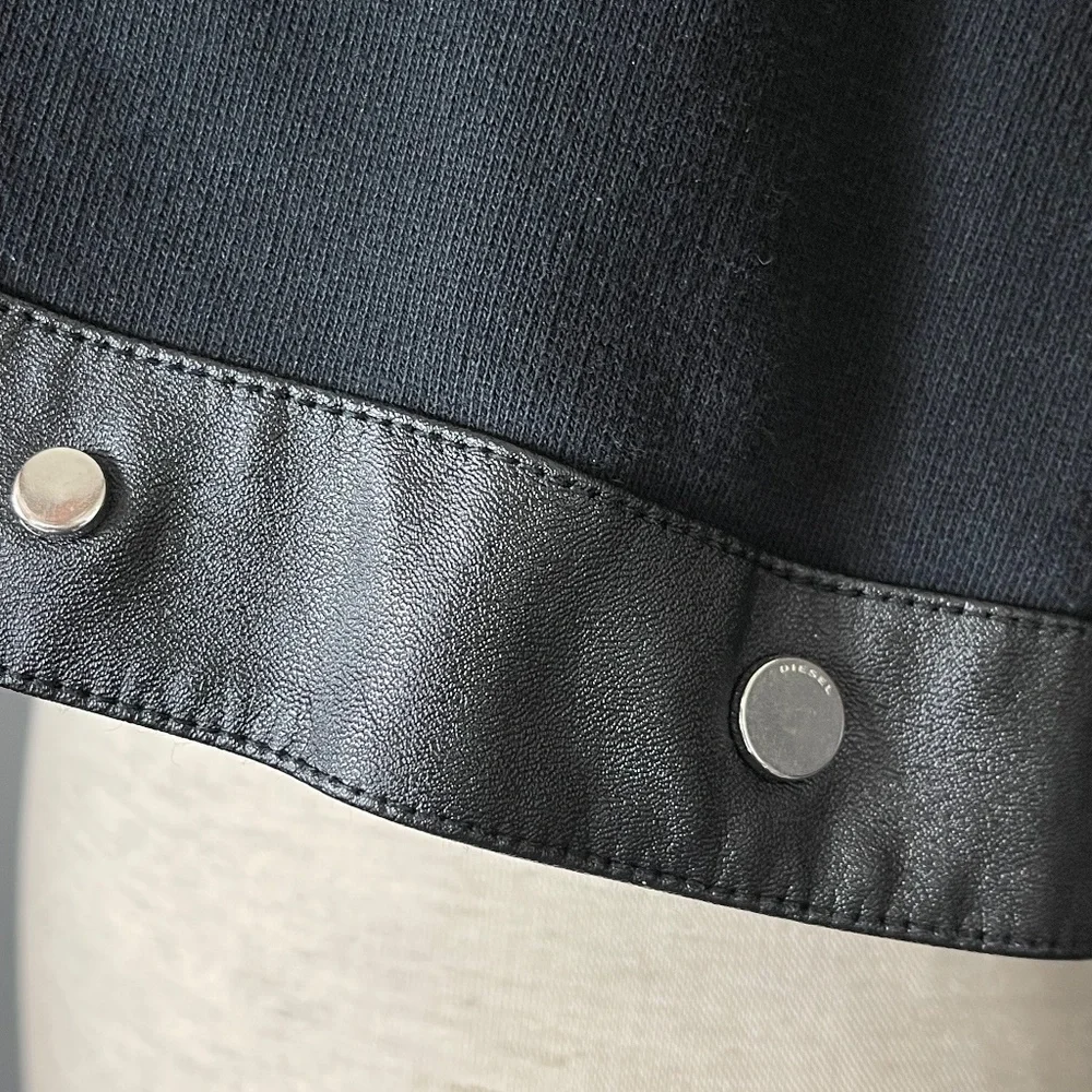 Diesel Convertible Black Sweatshirt with Faux Leather Trim and Silver Snaps - Picture 7 of 12